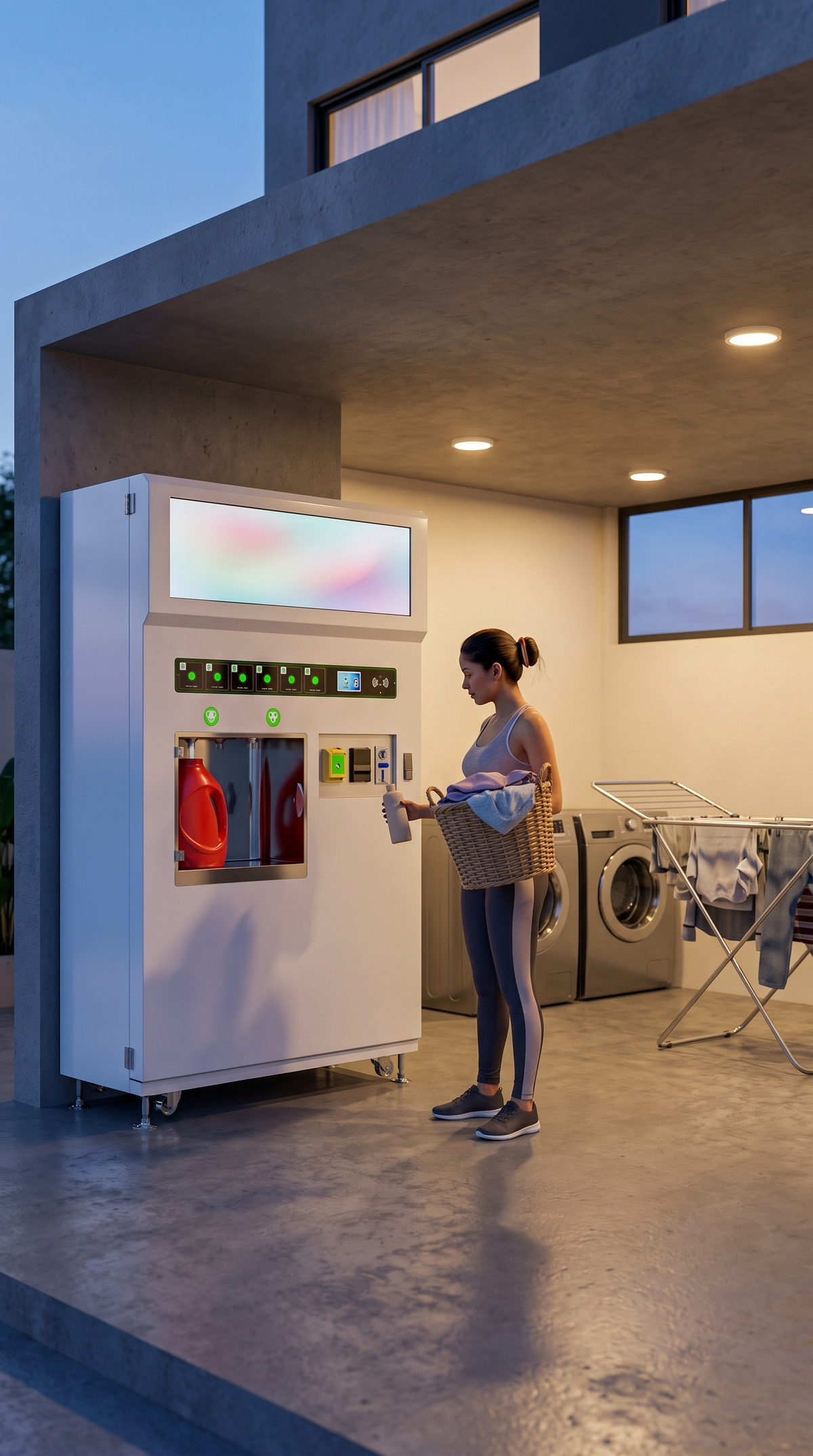 Mujer con canasta de ropa frente a la máquina expendedora de detergente bajo el techo del área de lavado al anochecer