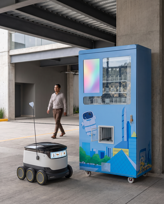 Robot repartidor saliendo de la máquina expendedora en un pasaje techado de un edificio