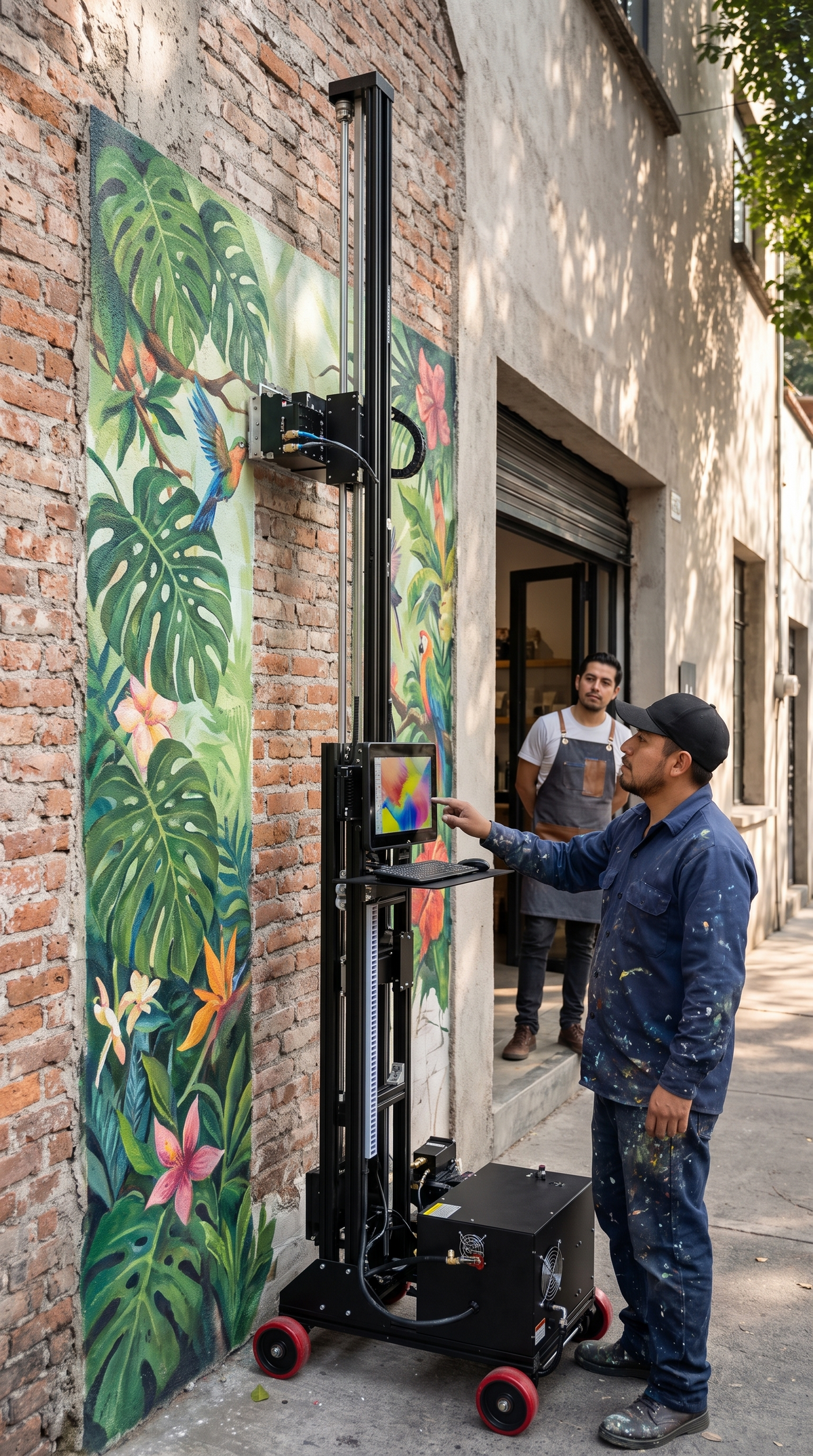 Muralista junto a la impresora de pared UV pintando un mural tropical en una fachada de ladrillo