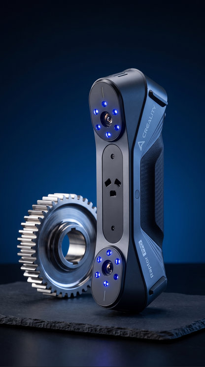 Escáner 3D portátil de 22 láseres junto a un engrane metálico sobre fondo azul