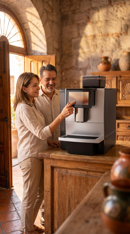 Pareja preparando un café con la cafetera superautomática en un café de estilo colonial