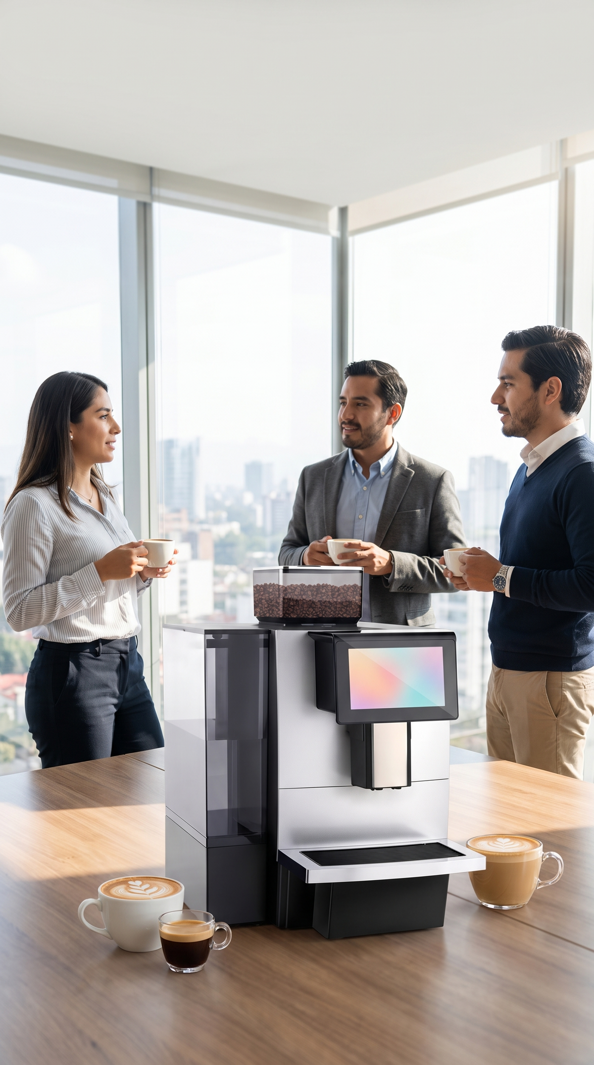 Compañeros de oficina tomando café junto a la cafetera superautomática