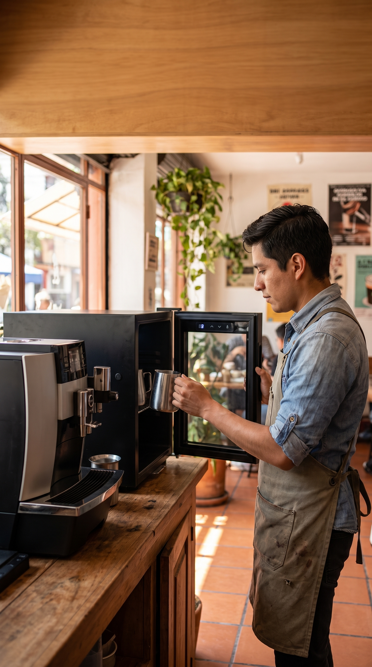 Barista sacando la jarra de leche del refrigerador de leche para cafetera en su barra