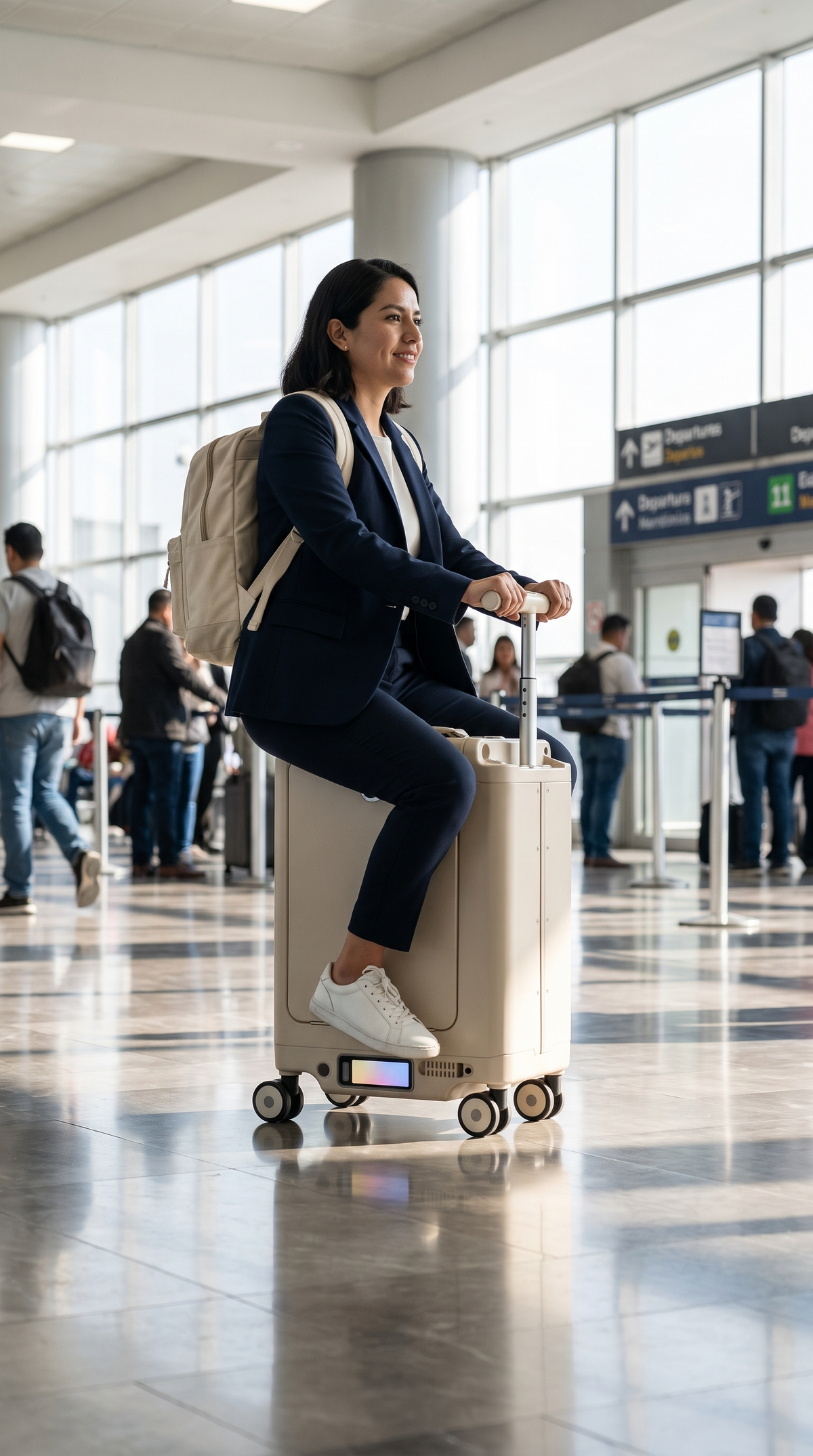 Mujer paseando sentada sobre su maleta eléctrica inteligente en un aeropuerto