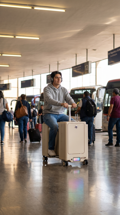 Joven sobre la maleta eléctrica inteligente en una terminal de autobuses