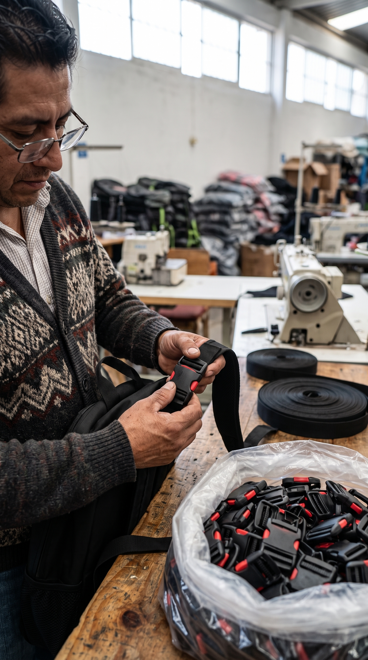 Artesano colocando hebillas laterales de plástico en una mochila en su taller