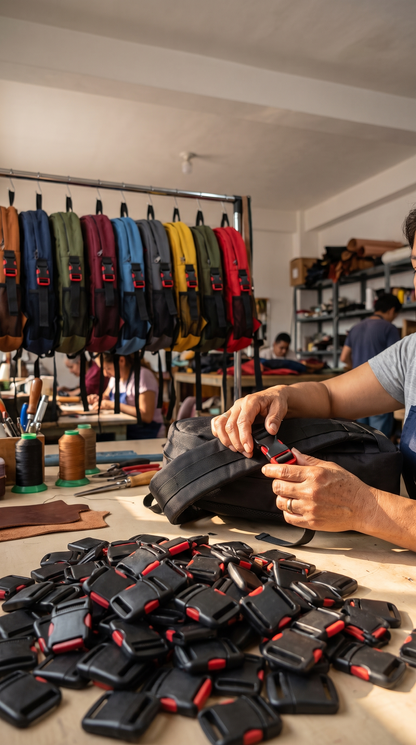 Taller de mochilas con un lote de hebillas laterales de plástico sobre la mesa