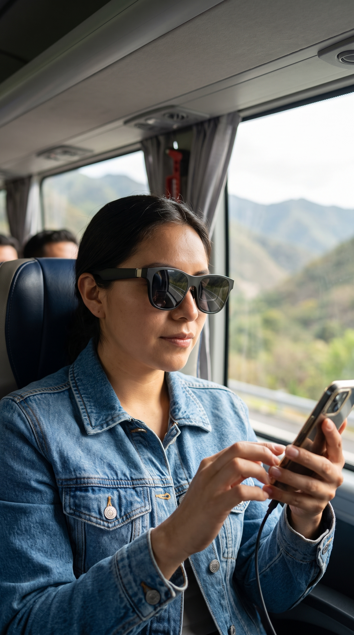 Mujer usando los lentes de realidad aumentada con su celular en un viaje en autobús
