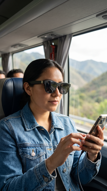 Mujer usando los lentes de realidad aumentada con su celular en un viaje en autobús
