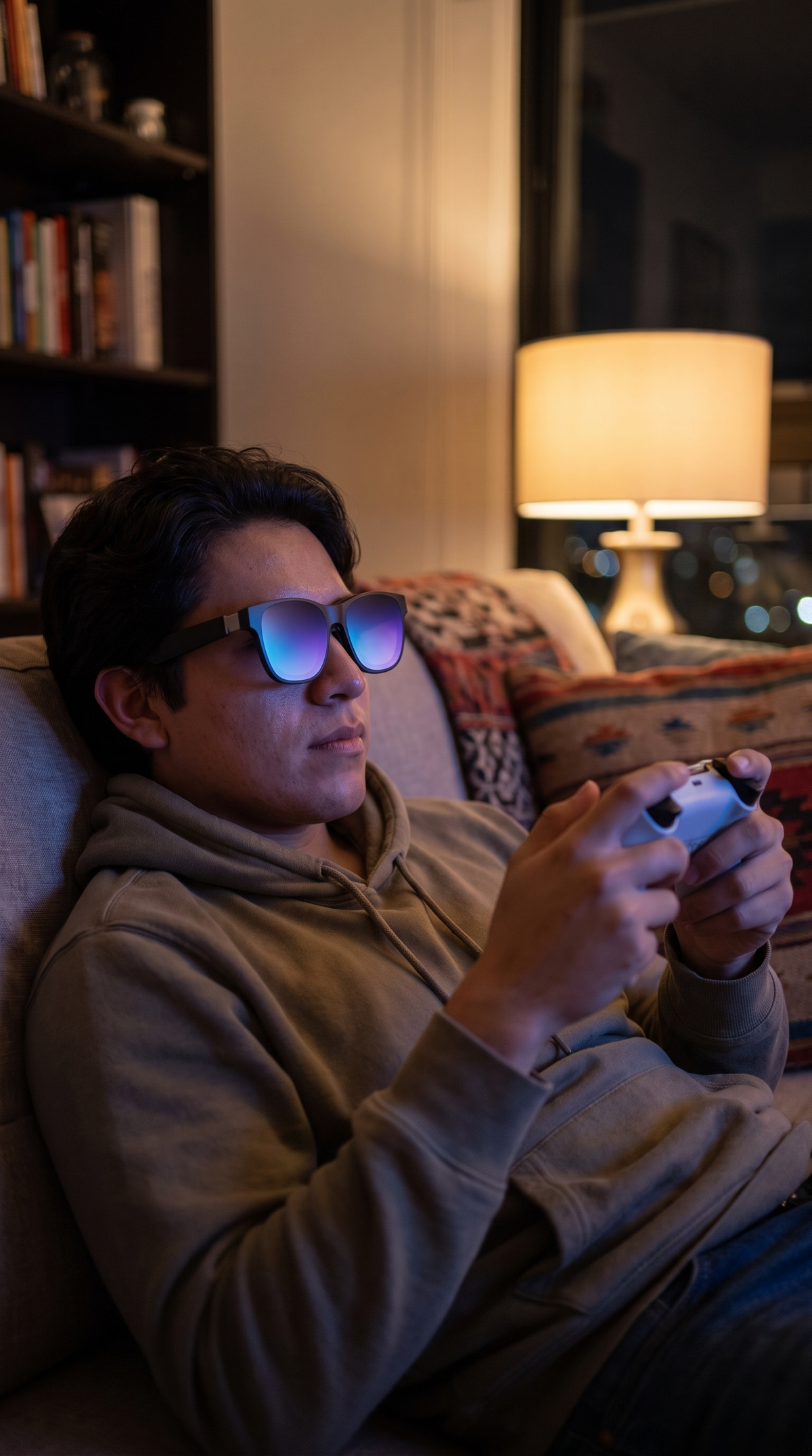Joven jugando con los lentes de realidad aumentada puestos en la sala de su casa
