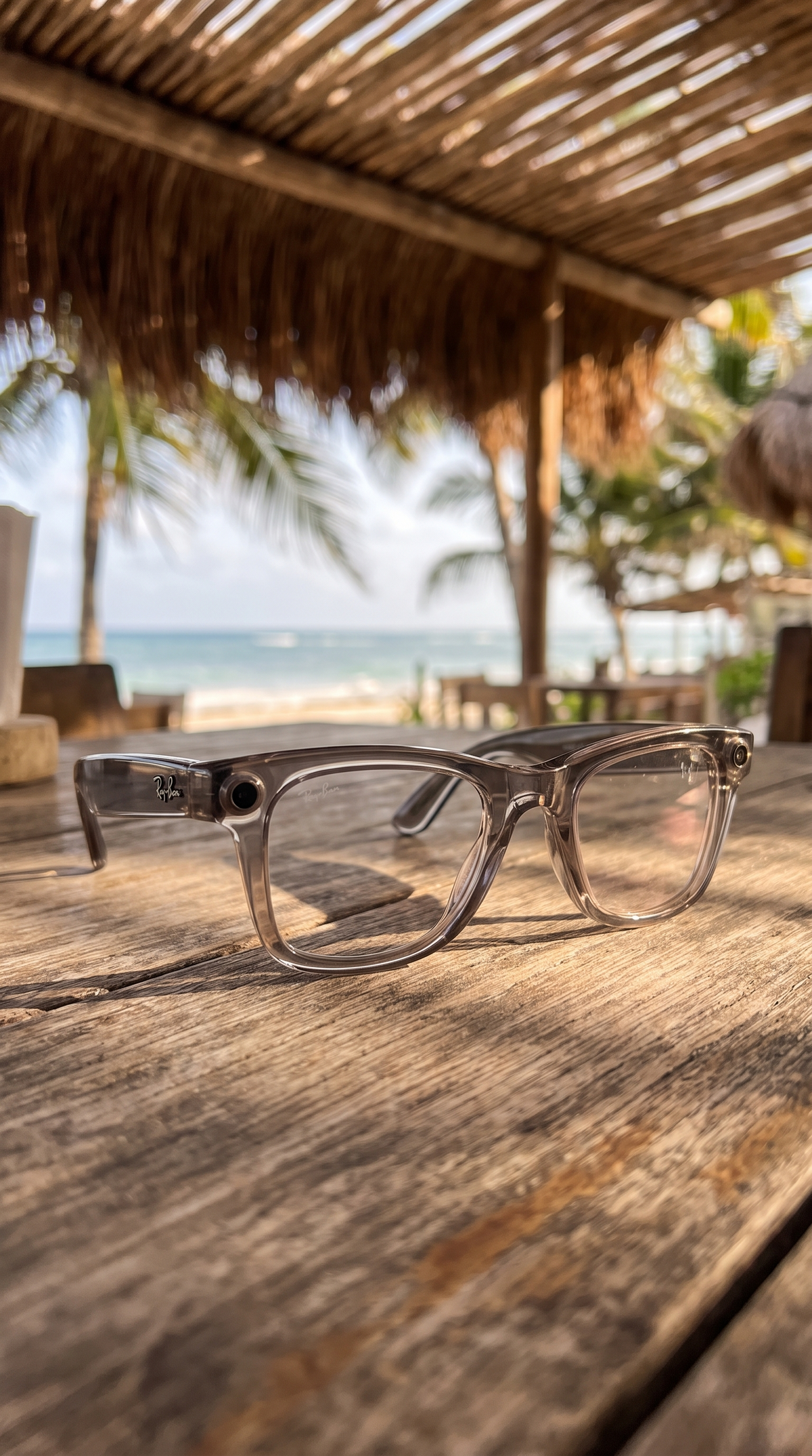 Lentes inteligentes con cámara sobre una mesa de madera en una palapa frente al mar