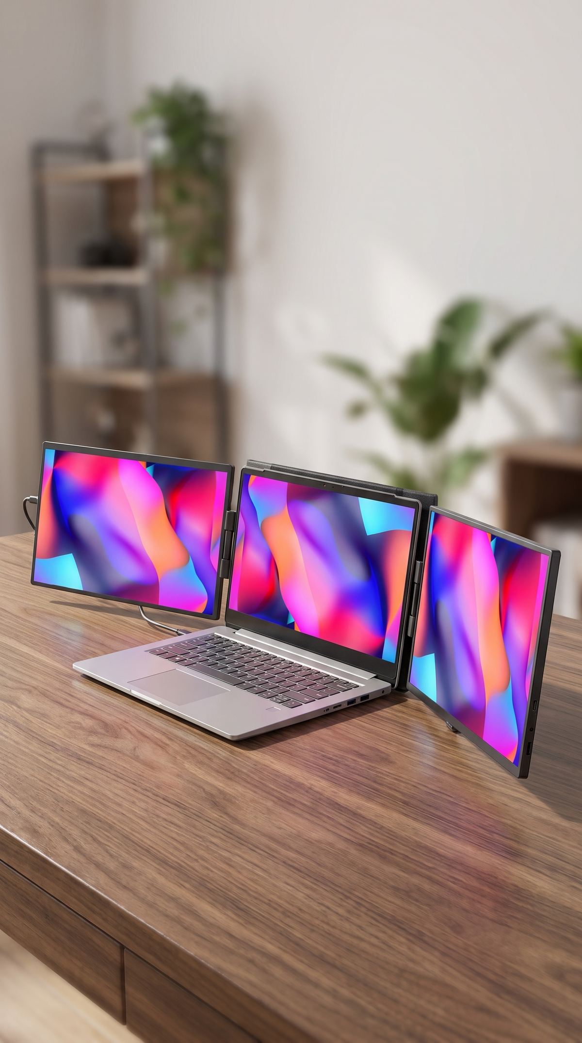 Monitor portátil de doble pantalla y laptop sobre una mesa de madera