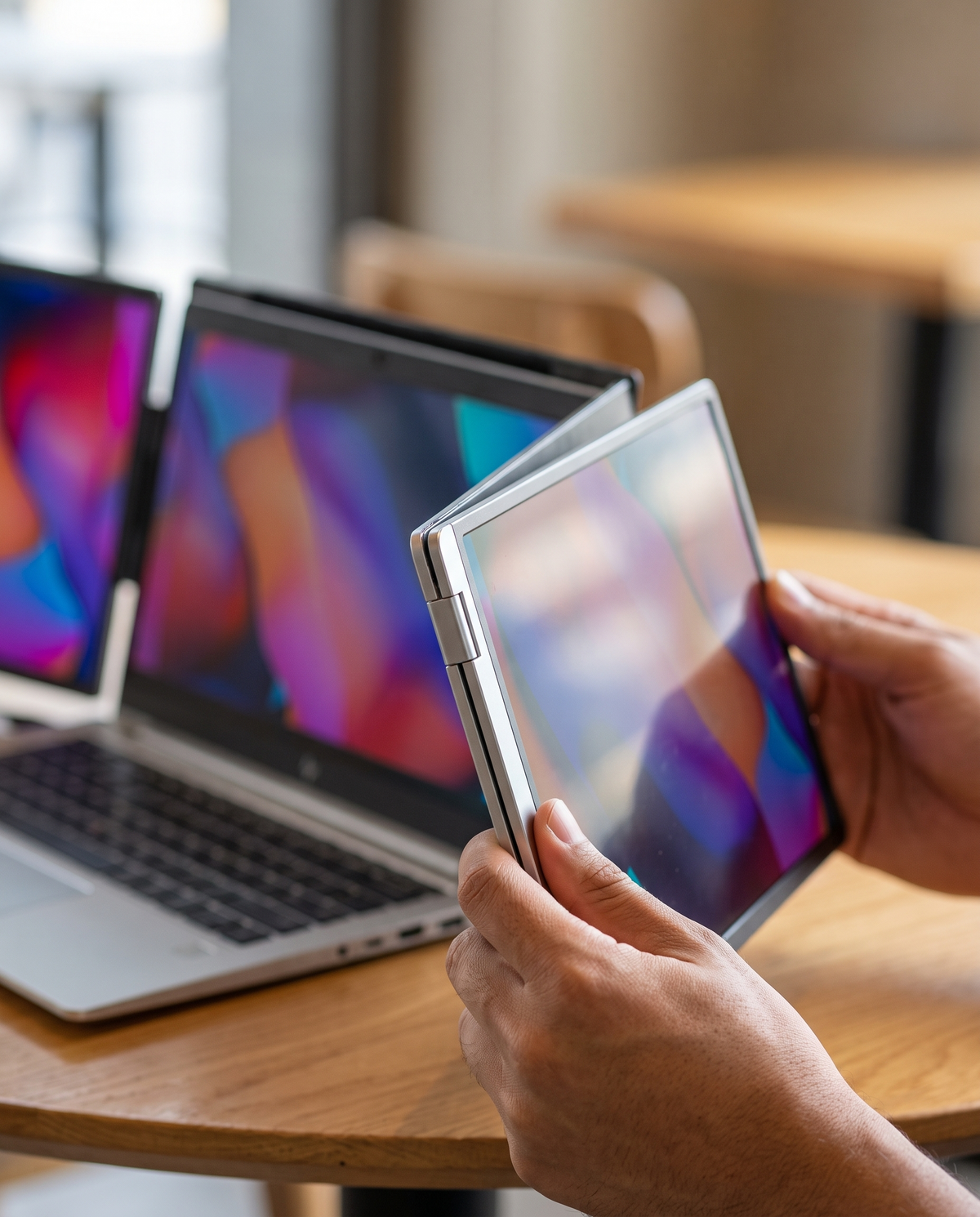Manos desplegando una pantalla del monitor portátil de doble pantalla