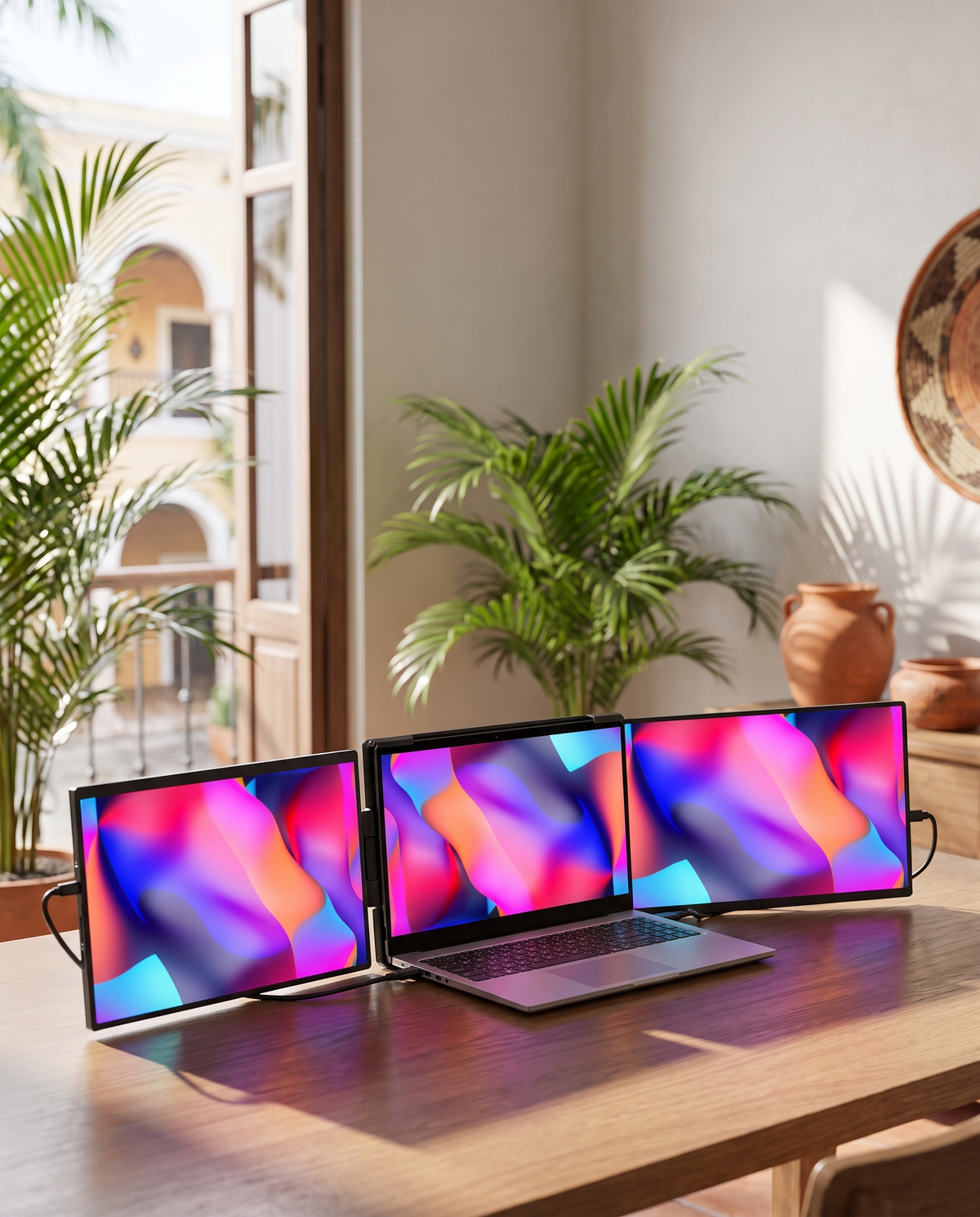 Monitor portátil de doble pantalla abierto en un escritorio con vista a un patio colonial
