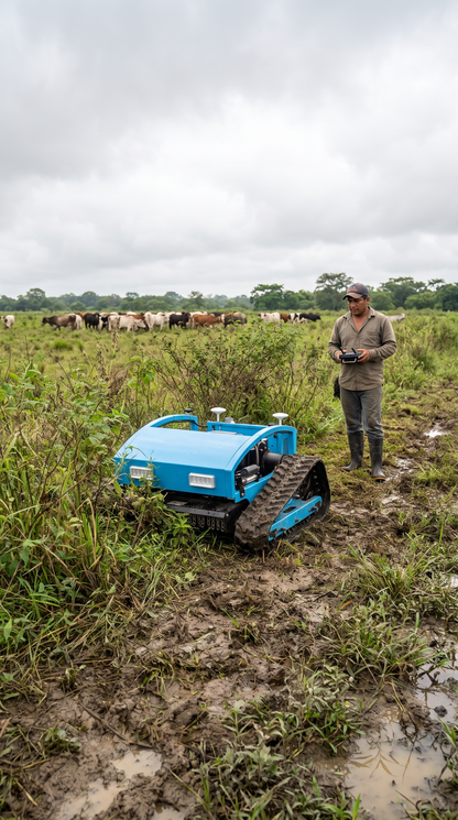 Agricultor junto a la cortadora de césped a control remoto en un potrero con vacas