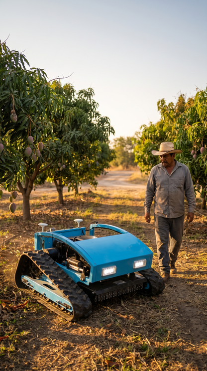 Agricultor caminando junto a la cortadora de césped a control remoto en una huerta de mango
