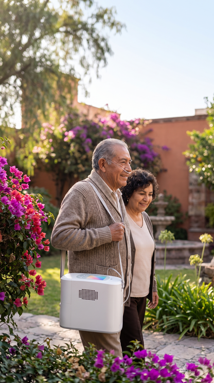 Pareja de adultos mayores paseando por un jardín con el concentrador de oxígeno portátil