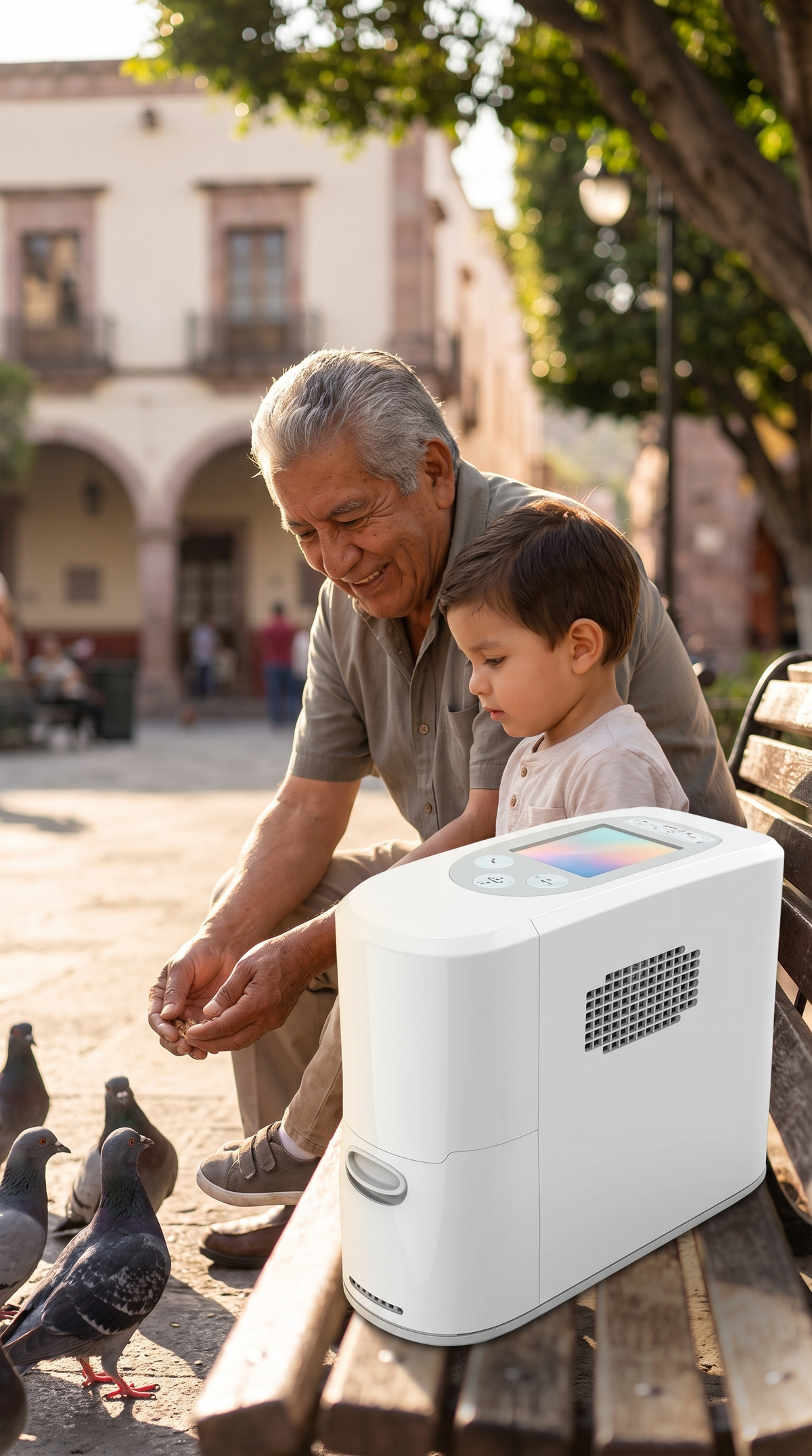 Abuelo con su nieto en una plaza con el concentrador de oxígeno portátil en la banca