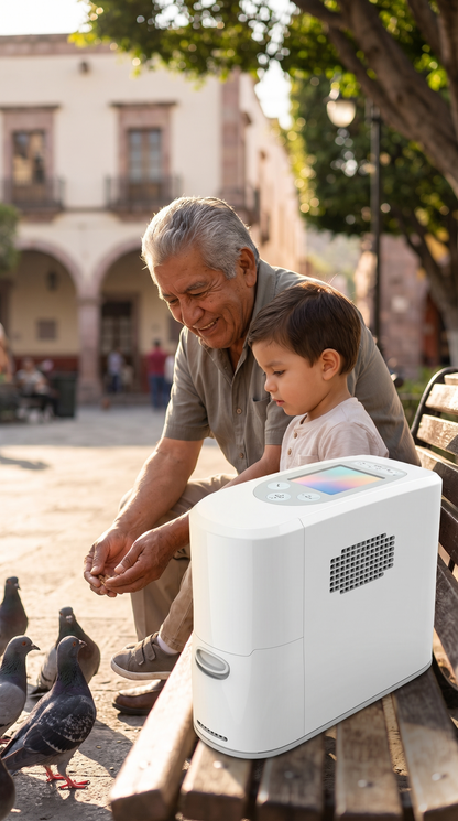 Abuelo con su nieto en una plaza con el concentrador de oxígeno portátil en la banca