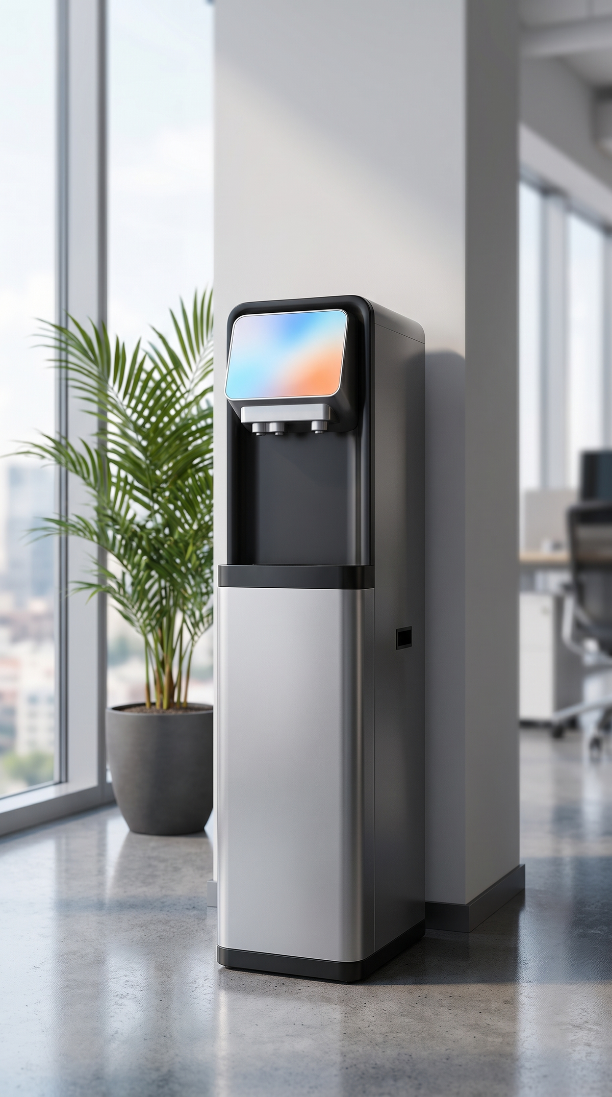 Dispensador de agua fría y caliente junto a una planta en una oficina moderna