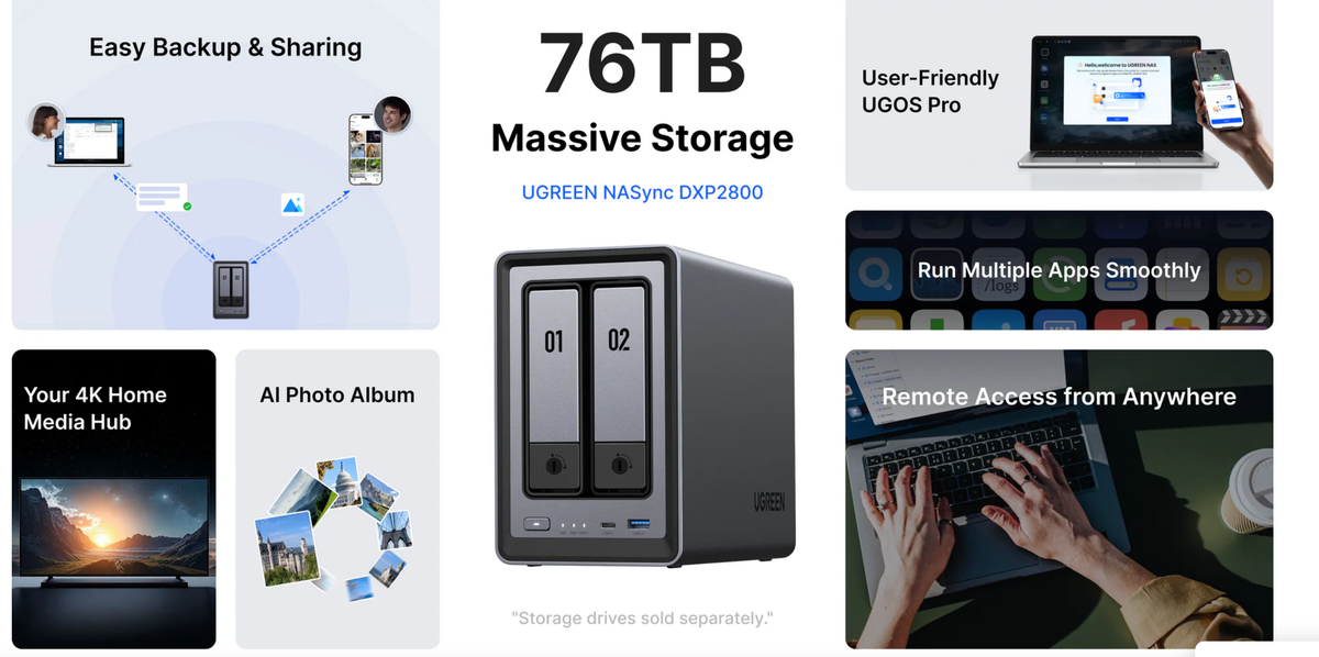 NASync DXP2800 | SO UGOS Pro | Intel N100 12th Gen Intel® 4 Core™ | 2 Bahías SATA hasta 48TB | 2-Bahias (M.2 NVMe) hasta 16TB | 8GB DDR5 (Exp. a
