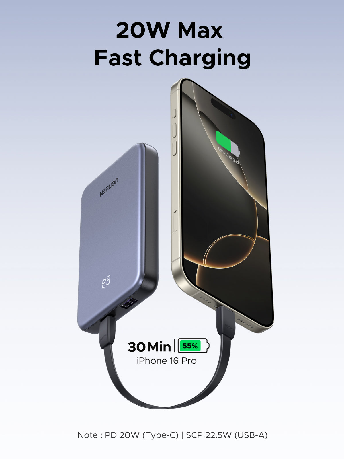 Power bank Ultradelgado 10000mAh / 20W Máximo / Puerto USB-C PD3.0 PPS / Puerto USB-A 22.5W / Batería Polímero de Litio / Pantalla Digital / Carga