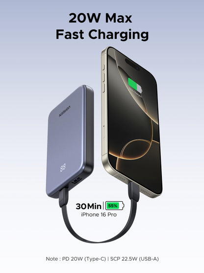 Power bank Ultradelgado 10000mAh / 20W Máximo / Puerto USB-C PD3.0 PPS / Puerto USB-A 22.5W / Batería Polímero de Litio / Pantalla Digital / Carga