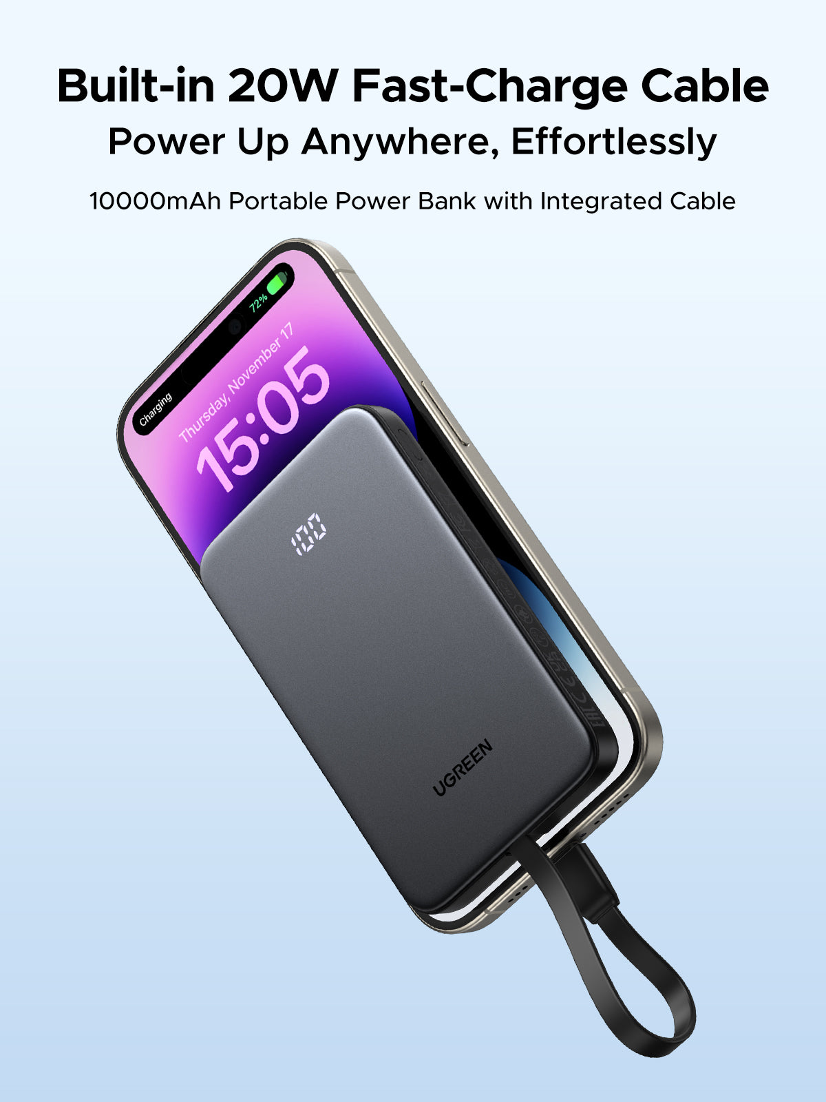 Power Bank 10000mAh con Cable Integrado 20W / Puerto USB-C PD3.0 PPS / Puerto USB-A SCP 22.5W / Batería Polímero Litio / Protecciones Múltiples