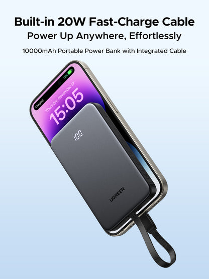 Power Bank 10000mAh con Cable Integrado 20W / Puerto USB-C PD3.0 PPS / Puerto USB-A SCP 22.5W / Batería Polímero Litio / Protecciones Múltiples