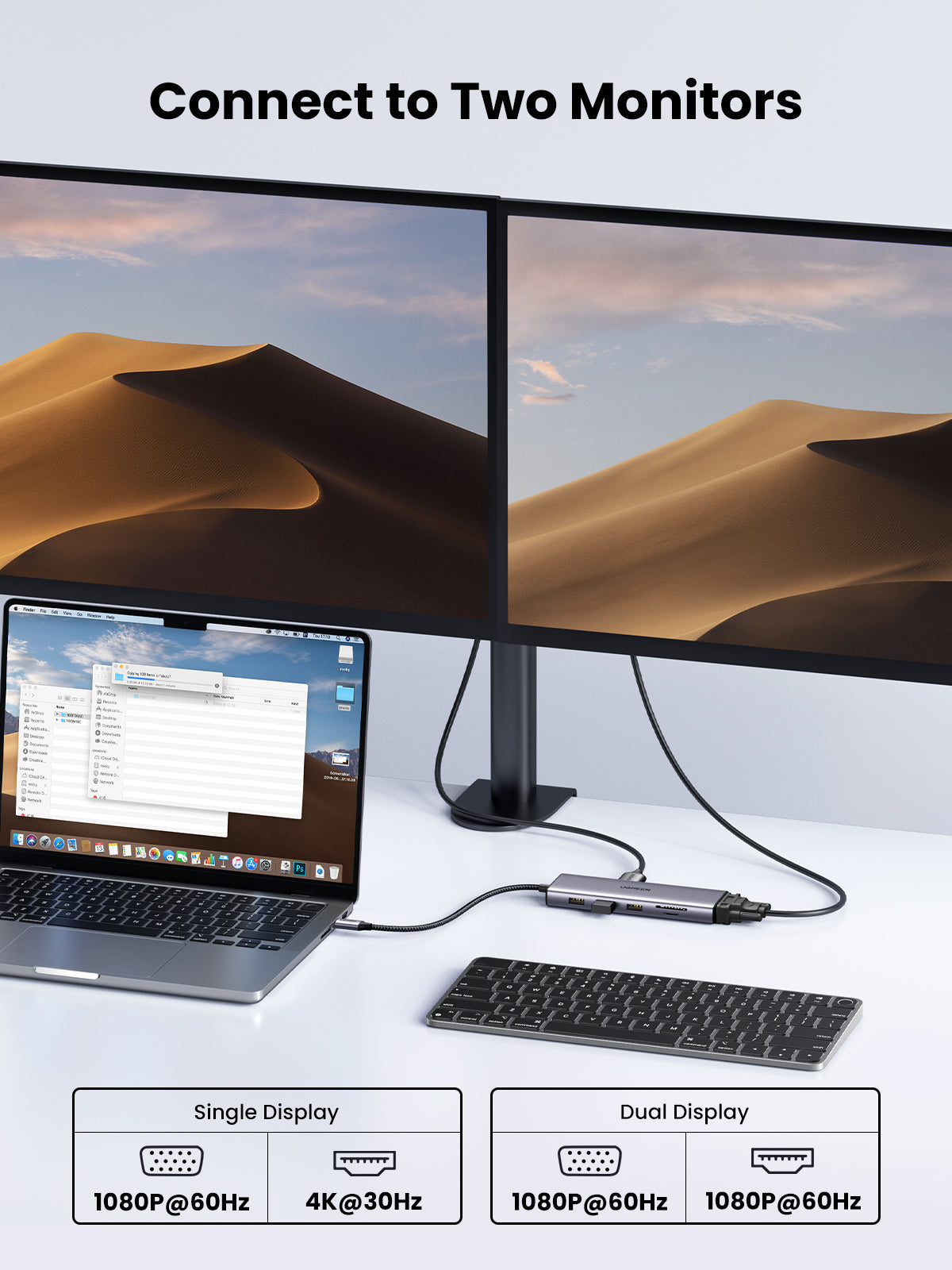 Hub USB-C 10 en 1 / HDMI 4K@30Hz + VGA 1920x1200 / 3x USB 3.0 5Gbps / Ethernet Gigabit / SD/TF Card Reader / PD 100W / Audio 3.5mm / Doble Pantalla