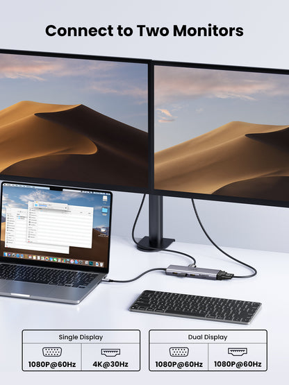 Hub USB-C 10 en 1 / HDMI 4K@30Hz + VGA 1920x1200 / 3x USB 3.0 5Gbps / Ethernet Gigabit / SD/TF Card Reader / PD 100W / Audio 3.5mm / Doble Pantalla