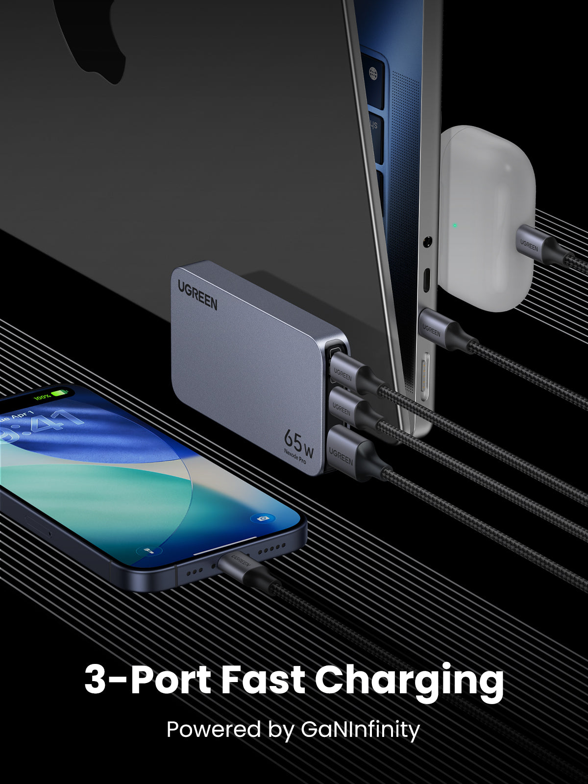 Cargador Rápido GaN 65W UGREEN / 2 Puertos USB-C + 1 Puerto USB-A / Tecnología GaN / Carga Rápida PPS PD 3.0 QC 4.0 / Compatibilidad Universal