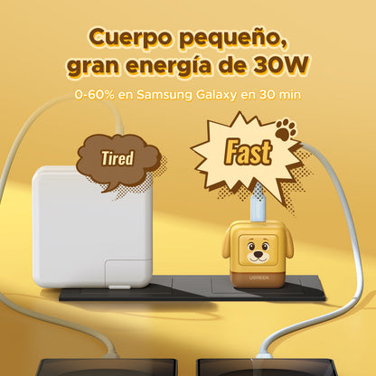 Cargador UNO Animal Puppy 30W GaN / Diseño Canino / USB-C / Compacto 34x34.9x44.4 mm (1.34x1.37x1.75 in) / Multi-Voltaje 5V-20V / Protección Avanzada