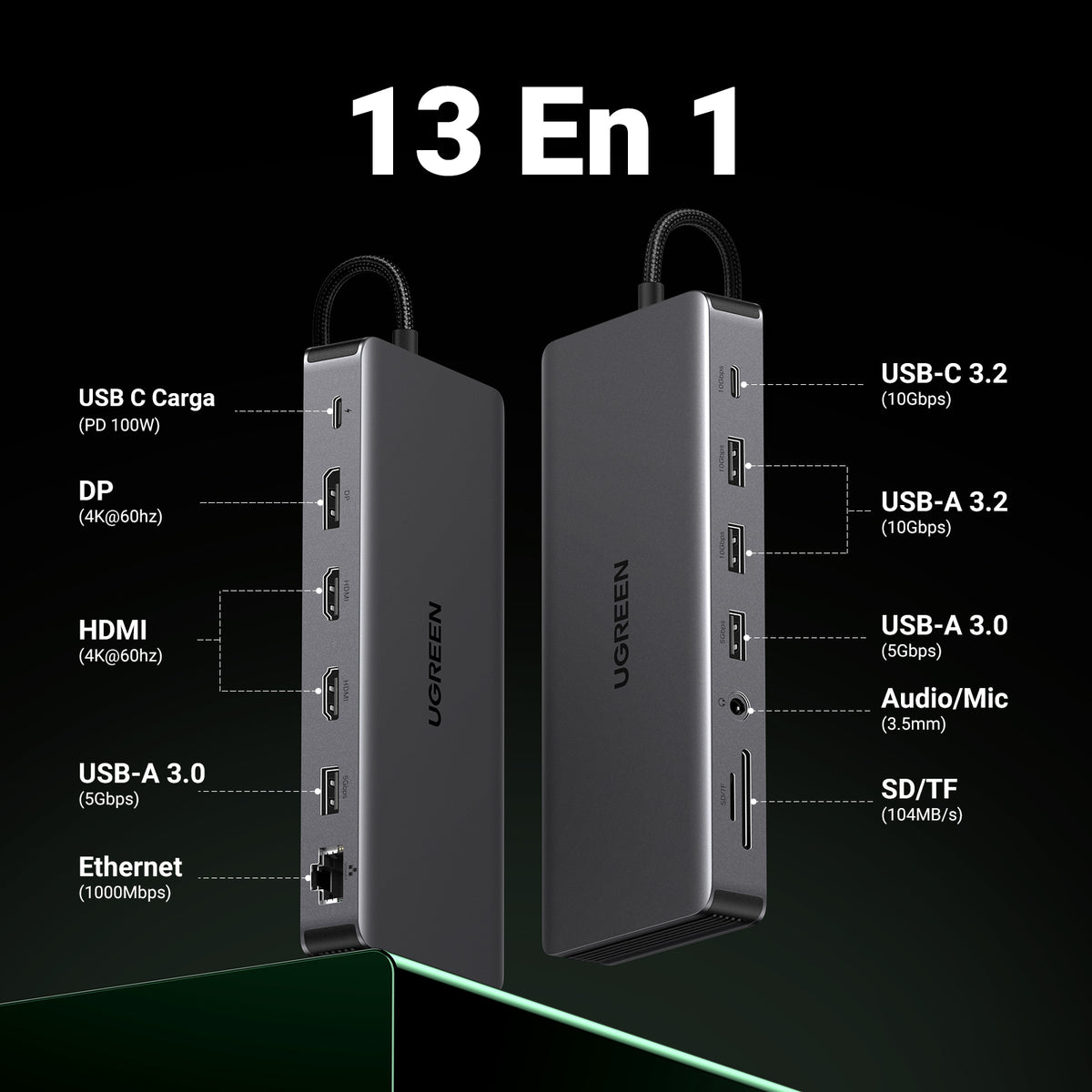 Docking Station USB-C 12 en 1 / 2 HDMI 4K@60Hz + DisplayPort 4K@60Hz / 6 Puertos USB (3.2 y 3.0) / Gigabit Ethernet / Lector SD/TF / Audio 3.5mm / PD