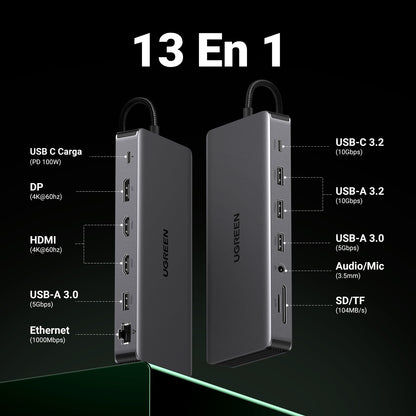 Docking Station USB-C 12 en 1 / 2 HDMI 4K@60Hz + DisplayPort 4K@60Hz / 6 Puertos USB (3.2 y 3.0) / Gigabit Ethernet / Lector SD/TF / Audio 3.5mm / PD