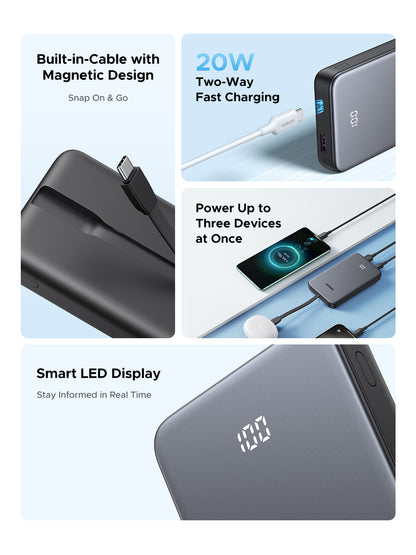 Power Bank 10000mAh con Cable Integrado 20W / Puerto USB-C PD3.0 PPS / Puerto USB-A SCP 22.5W / Batería Polímero Litio / Protecciones Múltiples