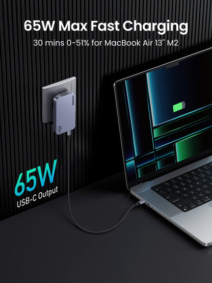 Cargador Rápido GaN 65W UGREEN / 2 Puertos USB-C + 1 Puerto USB-A / Tecnología GaN / Carga Rápida PPS PD 3.0 QC 4.0 / Compatibilidad Universal