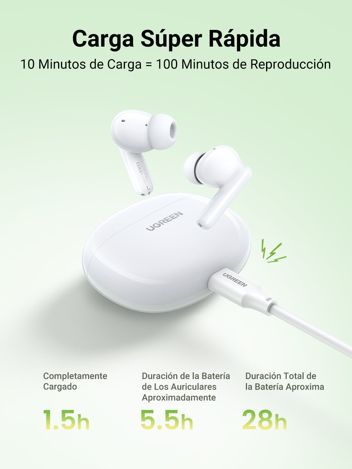 Auriculares True Wireless, Bluetooth 5.4, 10 mts Alcance, Batería 34 mAh + 440 mAh Estuche, 5.5 Horas Autonomía, USB-C, AAC/SBC
