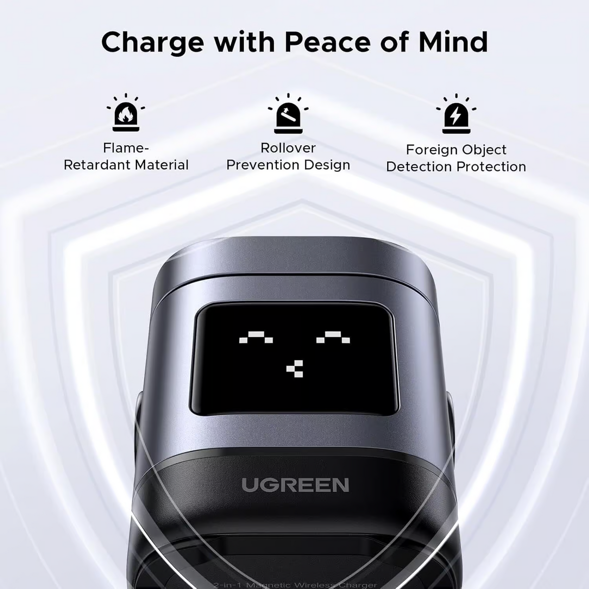 Cargador Inalámbrico Robot 2 en 1 UGREEN Qi2 / 15W Ultra Rápido para iPhone / 5W para AirPods / Pantalla Inteligente con Expresiones / Imanes N48H