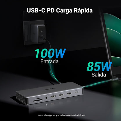Docking Station USB-C 12 en 1 / 2 HDMI 4K@60Hz + DisplayPort 4K@60Hz / 6 Puertos USB (3.2 y 3.0) / Gigabit Ethernet / Lector SD/TF / Audio 3.5mm / PD