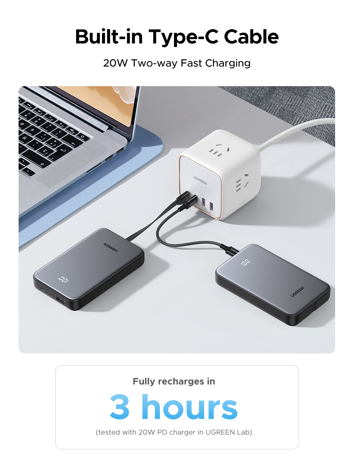 Power Bank 10000mAh con Cable Integrado 20W / Puerto USB-C PD3.0 PPS / Puerto USB-A SCP 22.5W / Batería Polímero Litio / Protecciones Múltiples