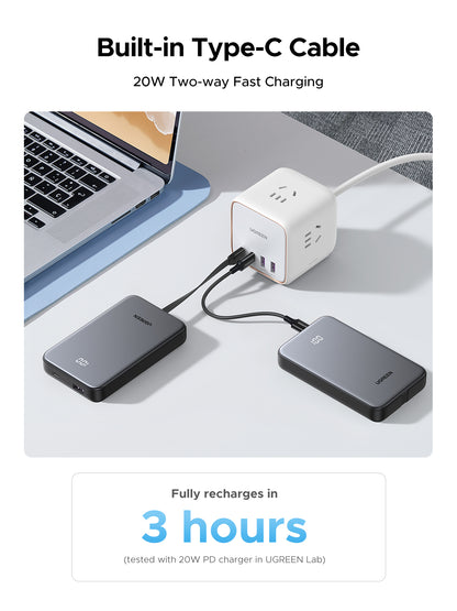 Power Bank 10000mAh con Cable Integrado 20W / Puerto USB-C PD3.0 PPS / Puerto USB-A SCP 22.5W / Batería Polímero Litio / Protecciones Múltiples
