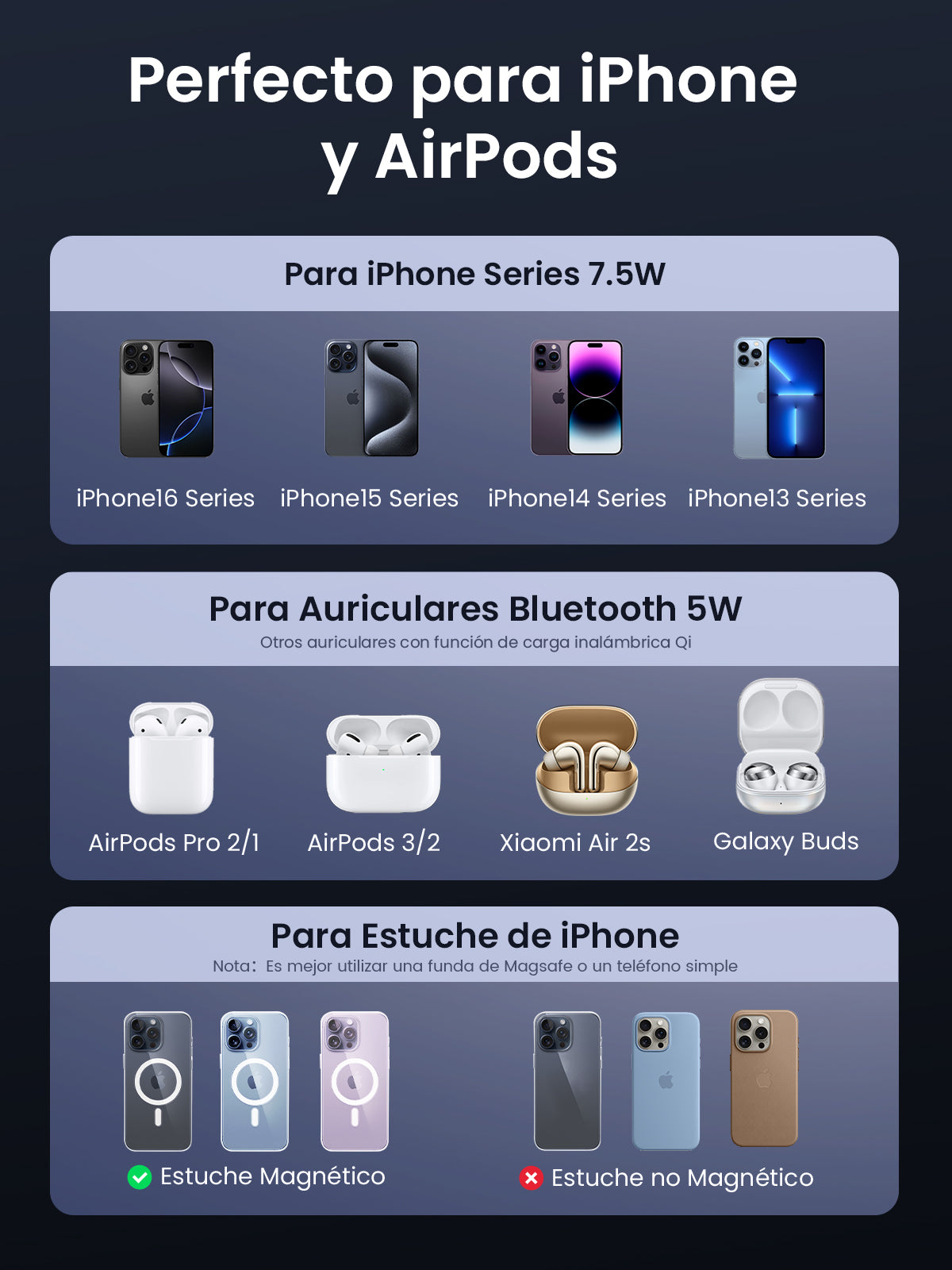 Cargador Inalámbrico 2 en 1 20W / Tecnología Qi2 15W Certificada / Carga Simultánea iPhone y AirPods / Ángulo Ajustable 70° / Diseño Plegable y