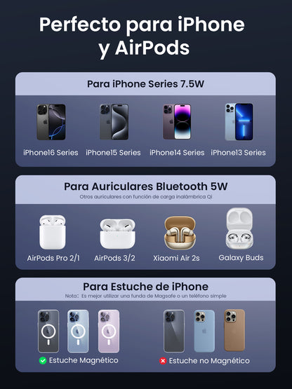 Cargador Inalámbrico 2 en 1 20W / Tecnología Qi2 15W Certificada / Carga Simultánea iPhone y AirPods / Ángulo Ajustable 70° / Diseño Plegable y