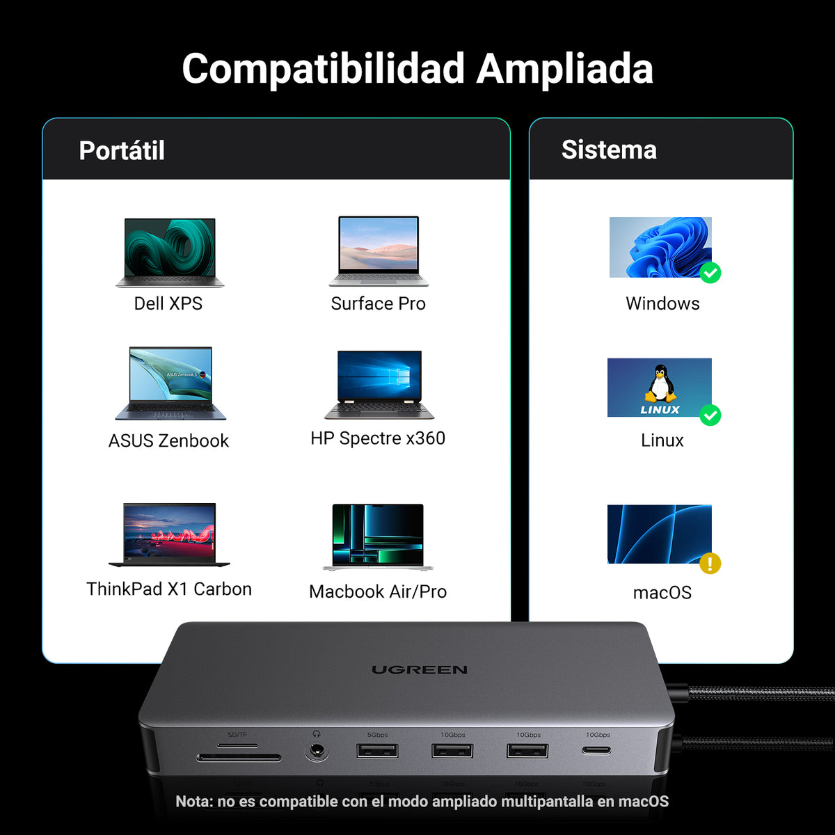 Docking Station USB-C 12 en 1 / 2 HDMI 4K@60Hz + DisplayPort 4K@60Hz / 6 Puertos USB (3.2 y 3.0) / Gigabit Ethernet / Lector SD/TF / Audio 3.5mm / PD