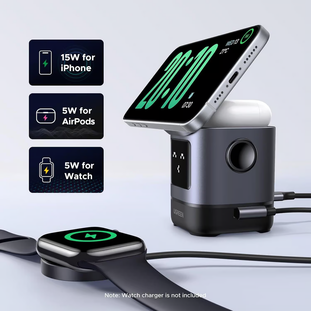 Cargador Inalámbrico Robot 2 en 1 UGREEN Qi2 / 15W Ultra Rápido para iPhone / 5W para AirPods / Pantalla Inteligente con Expresiones / Imanes N48H