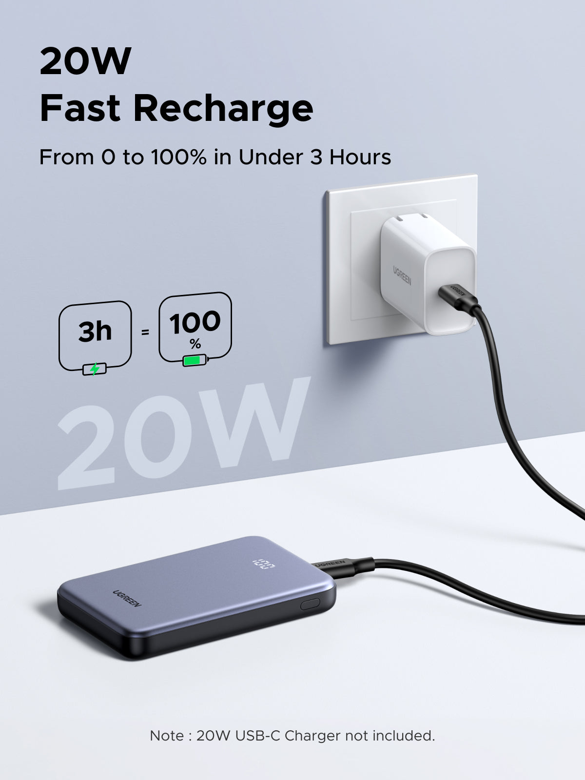 Power bank Ultradelgado 10000mAh / 20W Máximo / Puerto USB-C PD3.0 PPS / Puerto USB-A 22.5W / Batería Polímero de Litio / Pantalla Digital / Carga