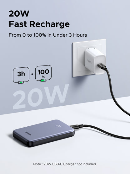 Power bank Ultradelgado 10000mAh / 20W Máximo / Puerto USB-C PD3.0 PPS / Puerto USB-A 22.5W / Batería Polímero de Litio / Pantalla Digital / Carga
