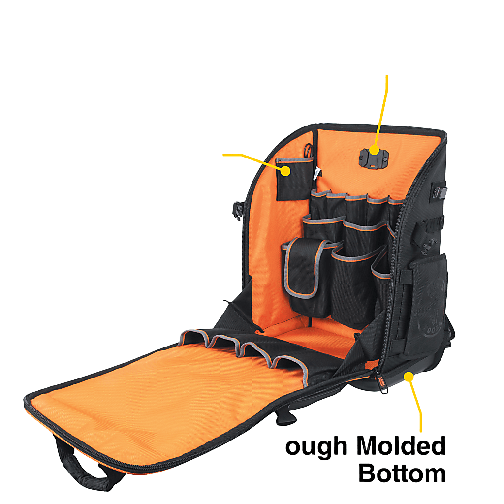 Mochila Profesional para Herramientas / 27 Bolsillos / Acceso Rápido y Estación de Trabajo / Base Moldeada Ancha / Interior Naranja / USB-C / Soporte