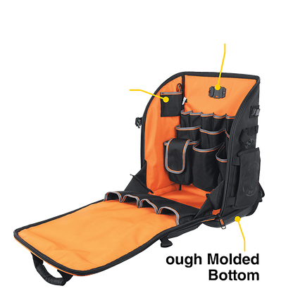 Mochila Profesional para Herramientas / 27 Bolsillos / Acceso Rápido y Estación de Trabajo / Base Moldeada Ancha / Interior Naranja / USB-C / Soporte